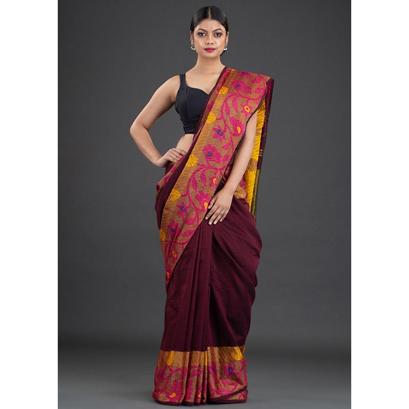 Wine Pure Cotton Floral Saree With Blouse - JD986595862