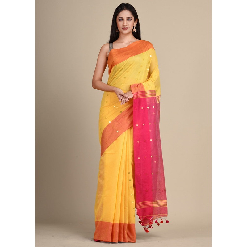 Yellow Cotton Handloom Saree With Blouse - JD986595789