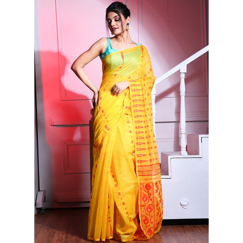 Yellow Cotton Tant Jamdani Saree Without Blouse Piece - JD986595738