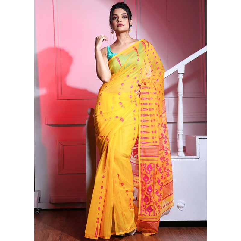 Yellow Cotton Tant Jamdani Saree Without Blouse Piece - JD986595741