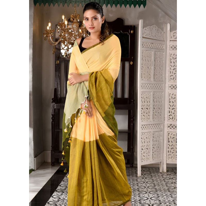 Yellow Pure Cotton Embellished Saree With Blouse - JD986595826