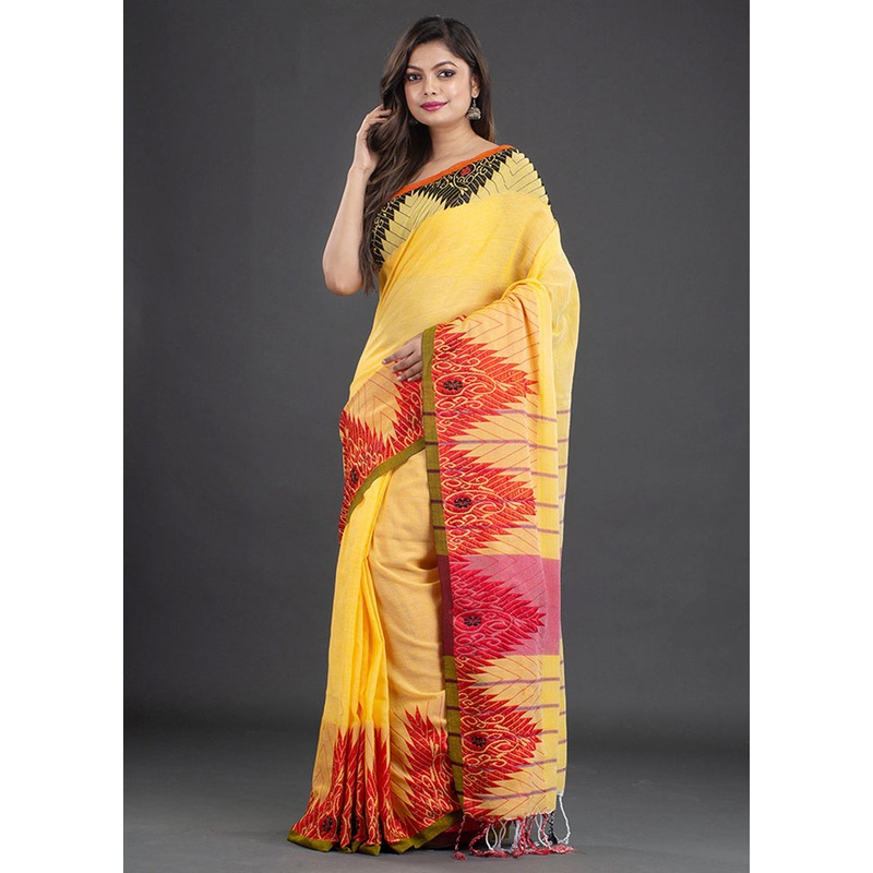 Yellow Pure Cotton Saree With Blouse - JD986595850