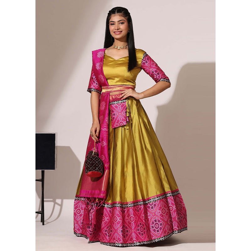 Yellow Silk Semi Stitched Lehenga Set - JD986595901