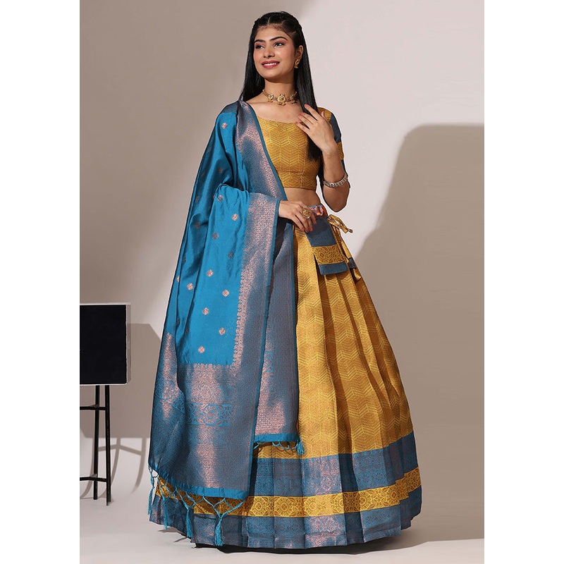 Yellow Silk Semi Stitched Lehenga Set - JD986595903