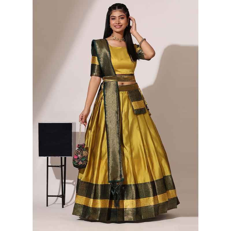 Yellow Silk Semi Stitched Lehenga Set - JD986595904