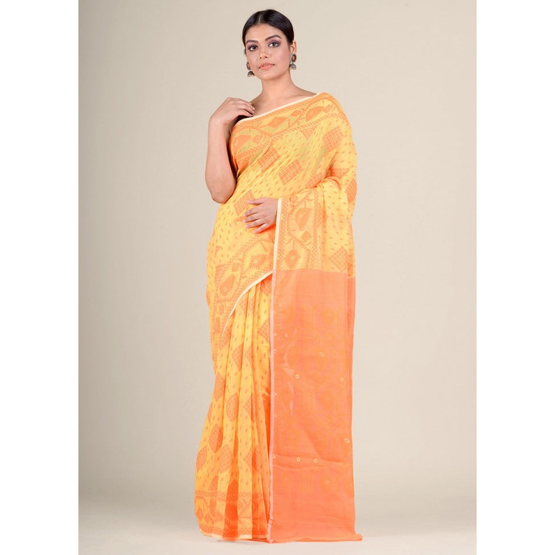 Yellow Woven Tant Jamdani Silk Saree Without Blouse Piece - JD986595725
