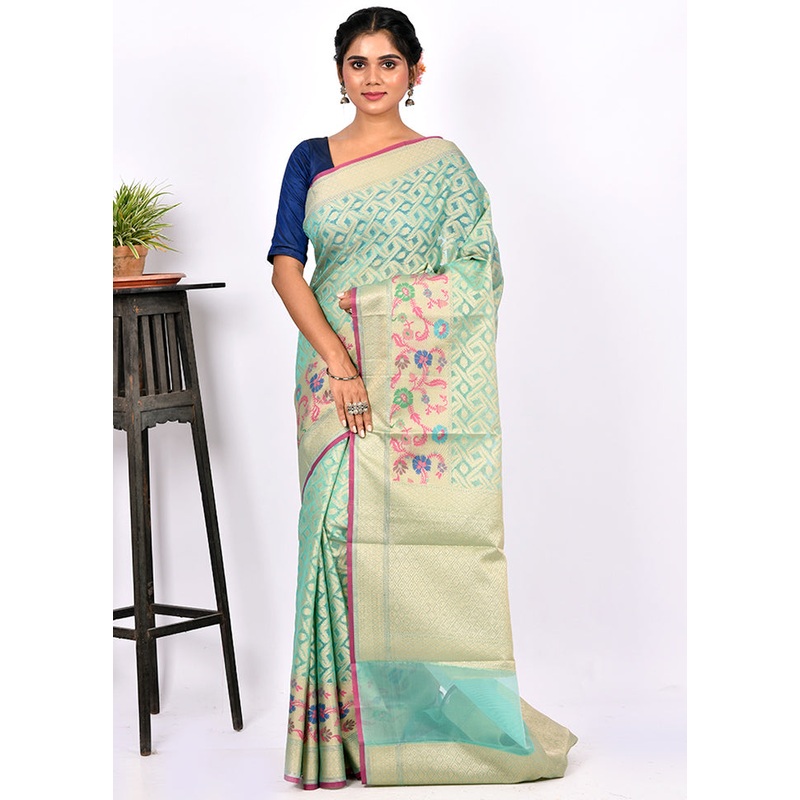 Aqua Green Kora Silk Saree With Blouse Piece - JD986595604
