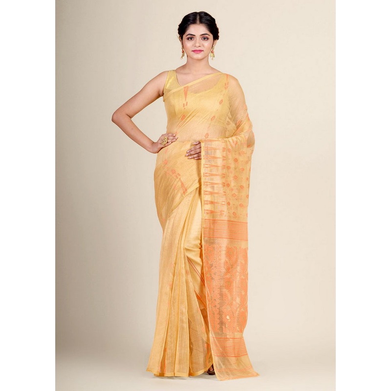 Beige Cotton Handwoven Tant Jamdani Saree Without Blouse Piece - JD986595700