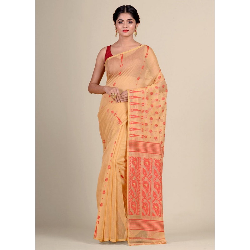 Beige Cotton Handwoven Tant Jamdani Saree Without Blouse Piece - JD986595706