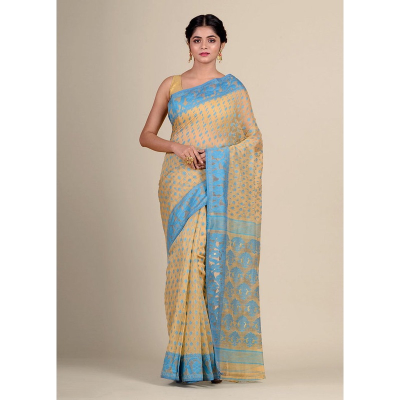 Beige Cotton Handwoven Tant Jamdani Saree Without Blouse Piece - JD986595709