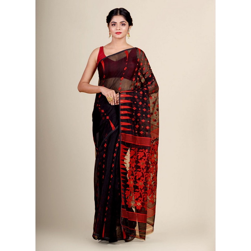 Black Cotton Handwoven Tant Jamdani Saree - JD986595704