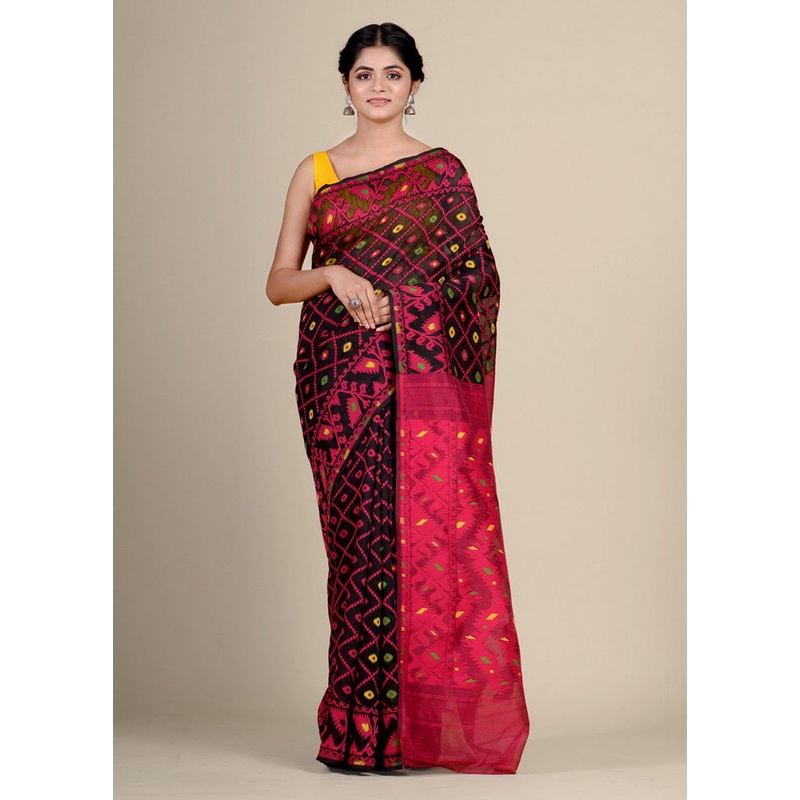 Black Cotton Handwoven Tant Jamdani Saree Without Blouse Piece - JD986595697