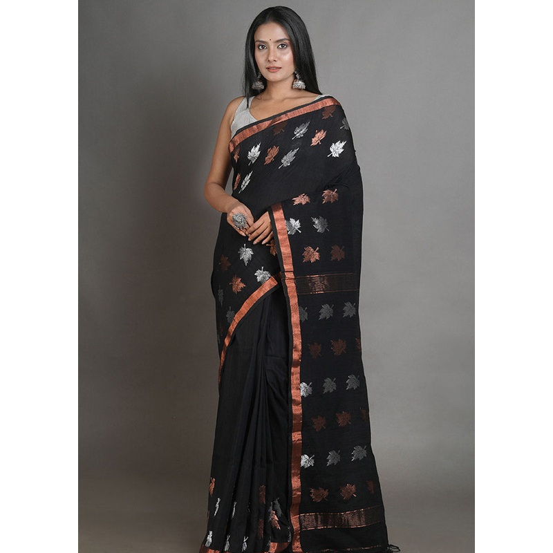 Black Linen Silk Saree With Blouse Piece - JD986595615