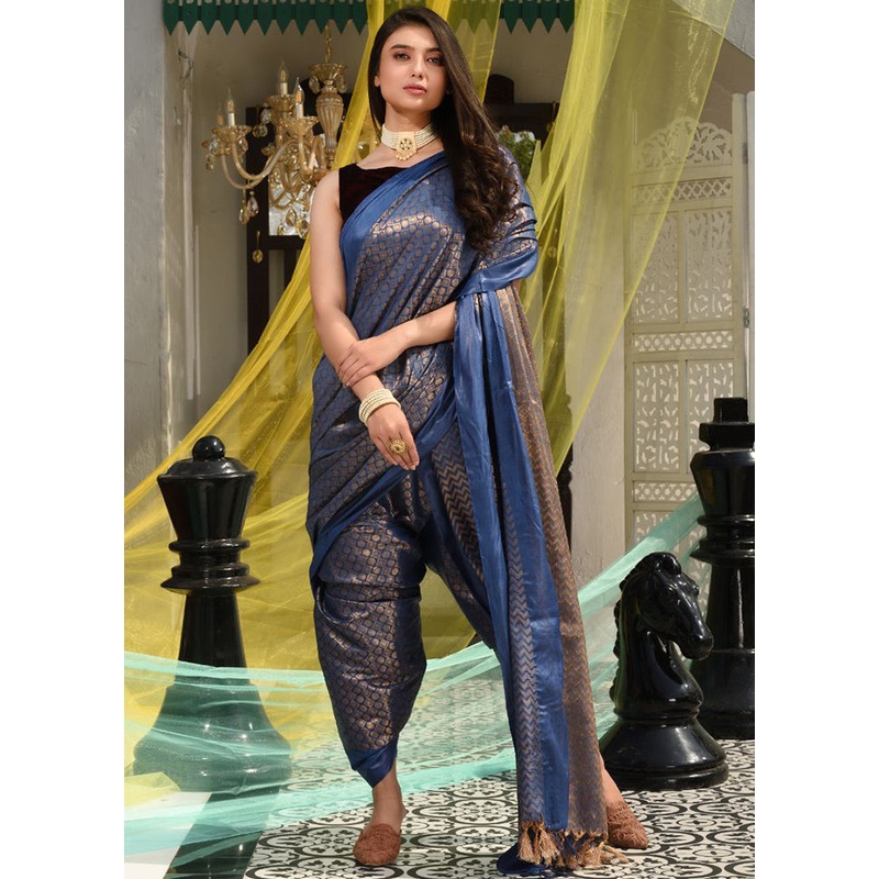 Blue Kora Silk Textured Saree With Blouse - JD986595602