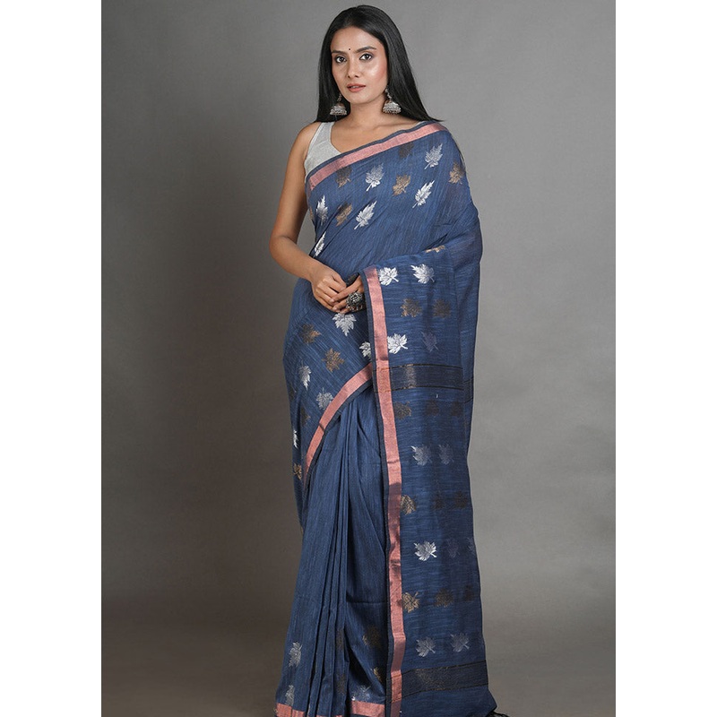 Blue Linen Silk Saree With Blouse Piece - JD986595616