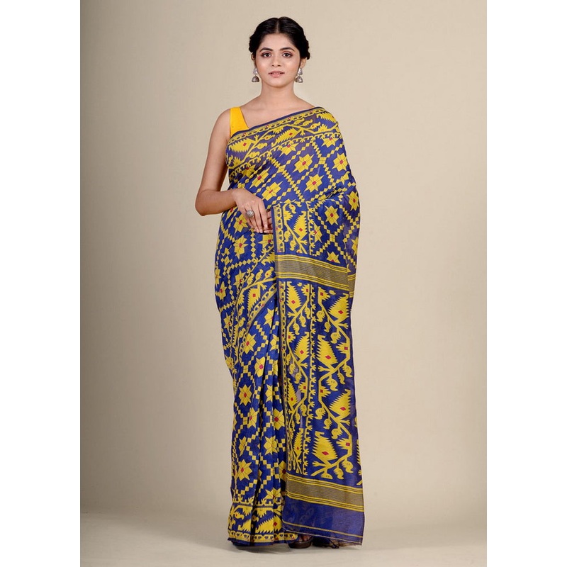 Blue Silk Cotton Handwoven Tant Jamdani Saree Without Blouse Piece - JD986595698
