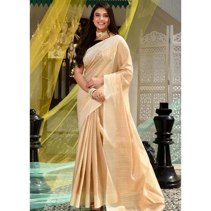 Cream Kora Silk Textured Saree With Blouse - JD986595601