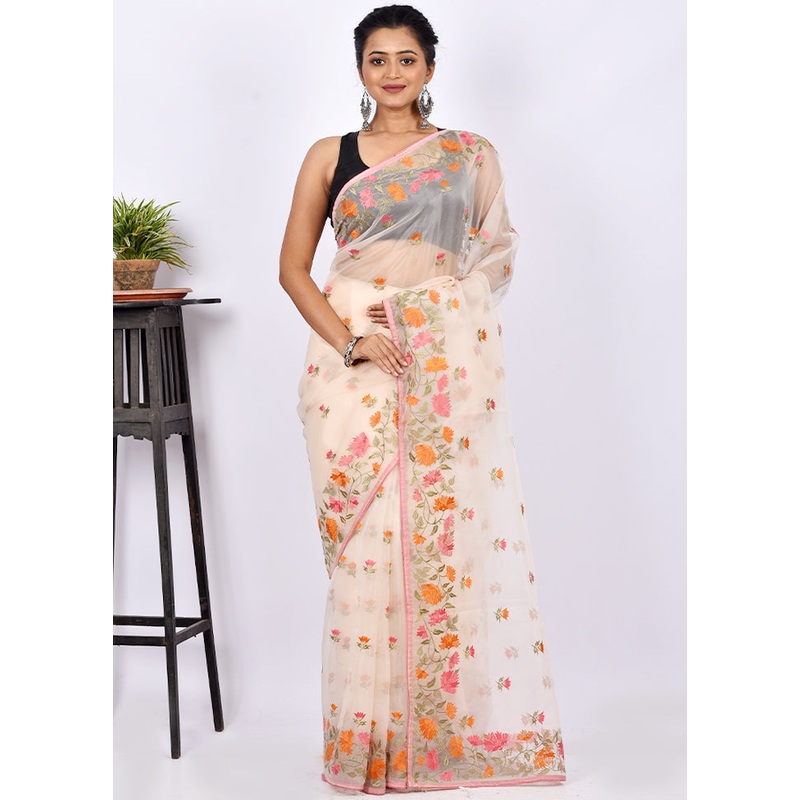 Cream Organza Saree With Blouse Piece - JD986595627