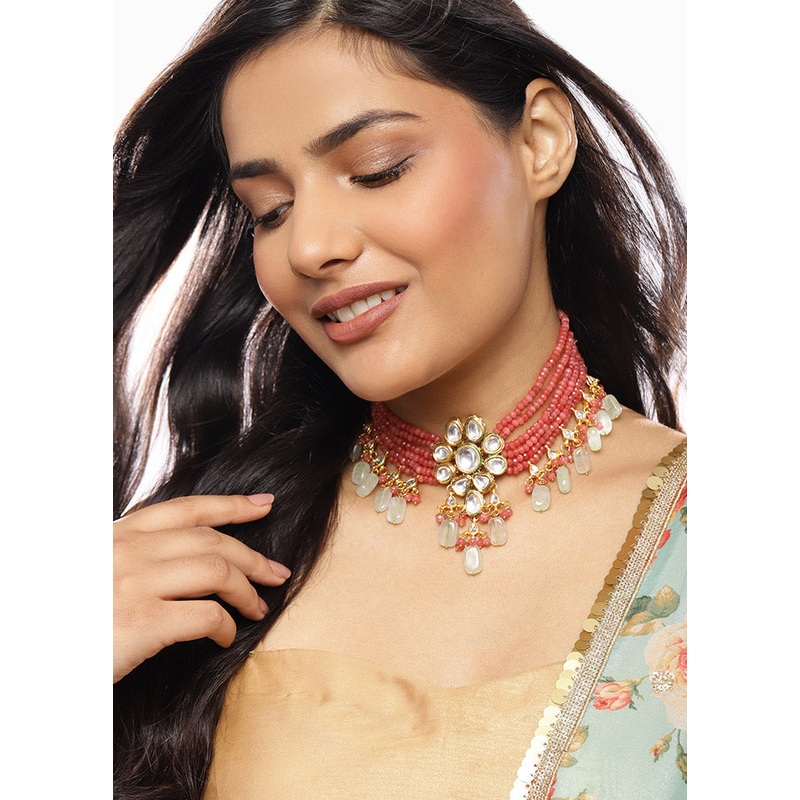 Golden Stone Work Alloy Necklace - JD986595505