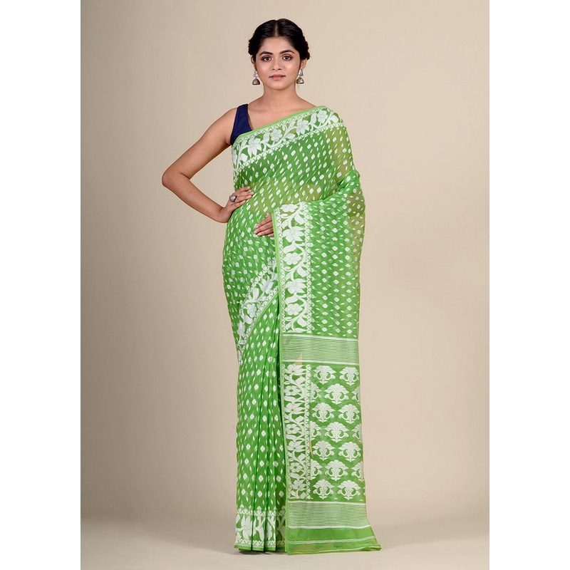Green Cotton Handwoven Tant Jamdani Saree Without Blouse Piece - JD986595710