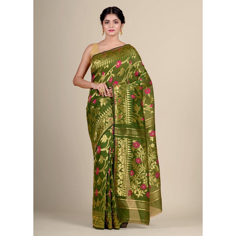 Green Silk Cotton Handwoven Tant Jamdani Saree Without Blouse Piece - JD986595699