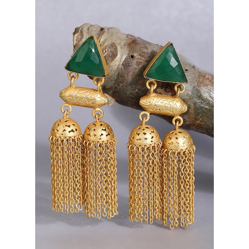Green Stone Matte Gold Jhumka - JD986595576