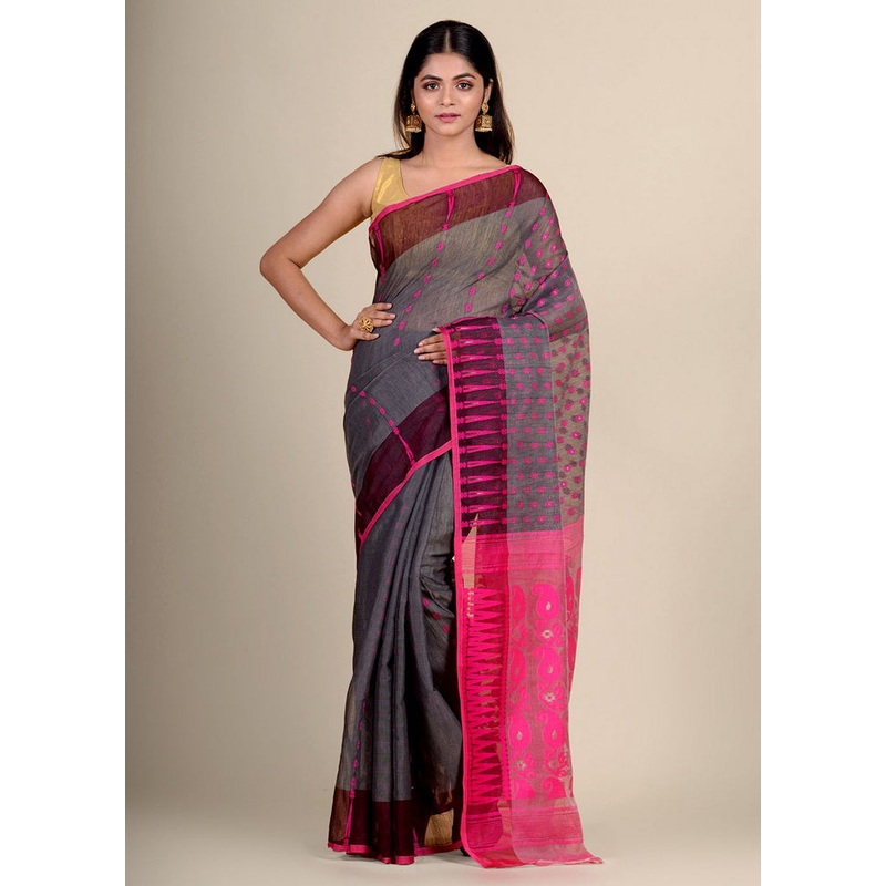 Grey Cotton Handwoven Tant Jamdani Saree Without Blouse Piece - JD986595701