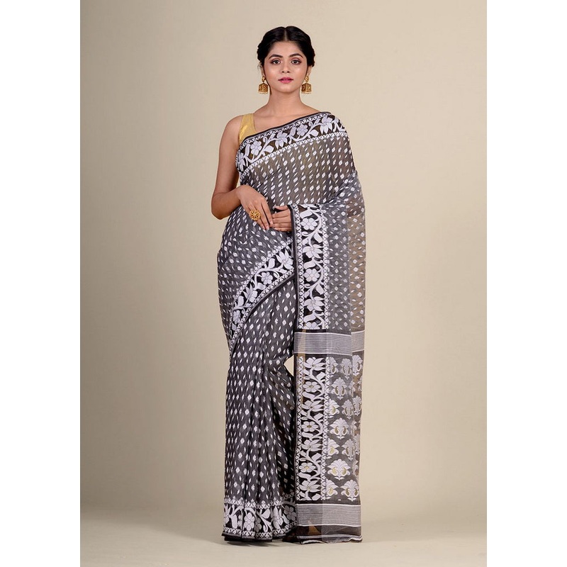 Grey Cotton Handwoven Tant Jamdani Saree Without Blouse Piece - JD986595711