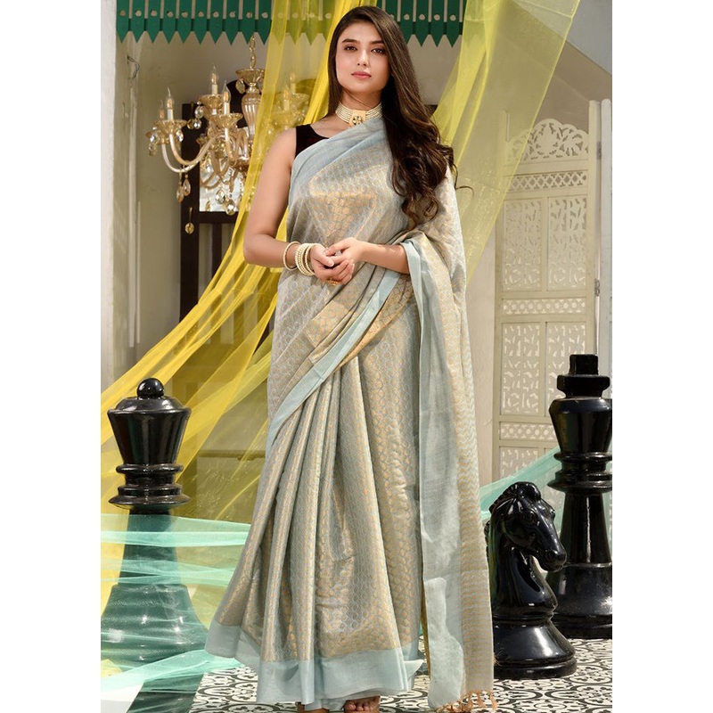 Grey Kora Silk Textured Saree With Blouse - JD986595599