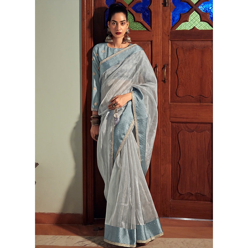 Grey Organza Embroidered Saree With Blouse Piece - JD986595675