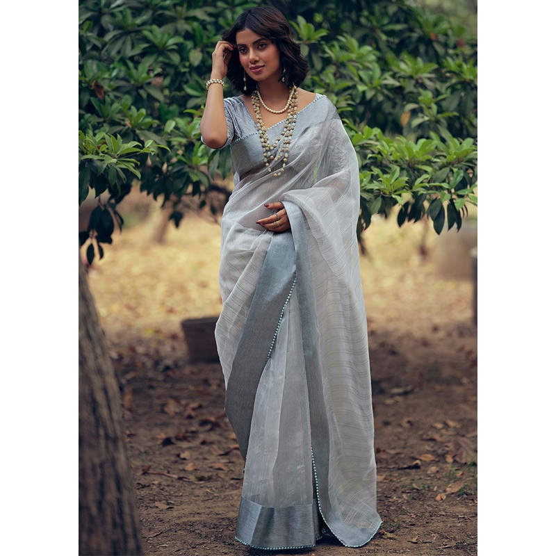 Grey Organza Zari Woven Saree With Blouse Piece - JD986595670