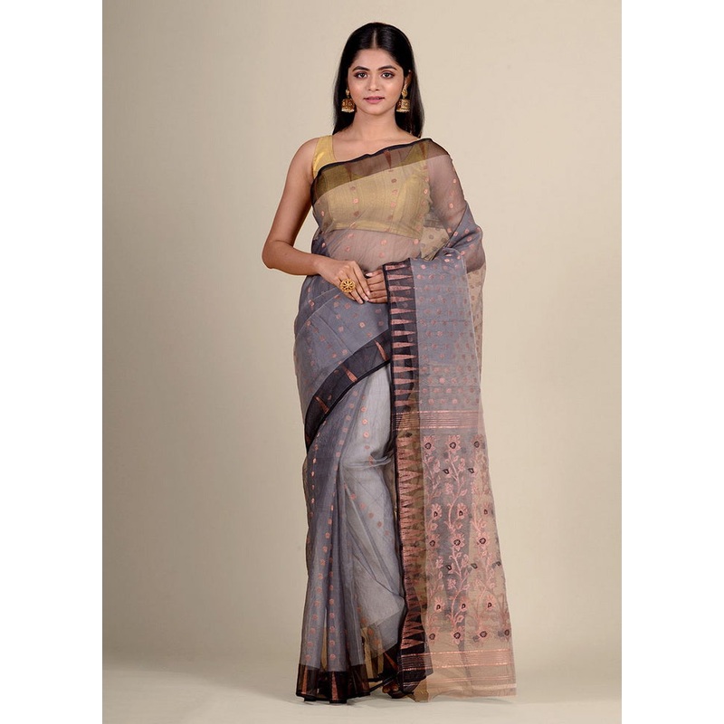 Grey Resham Handwoven Tant Jamdani Saree Without Blouse Piece - JD986595713