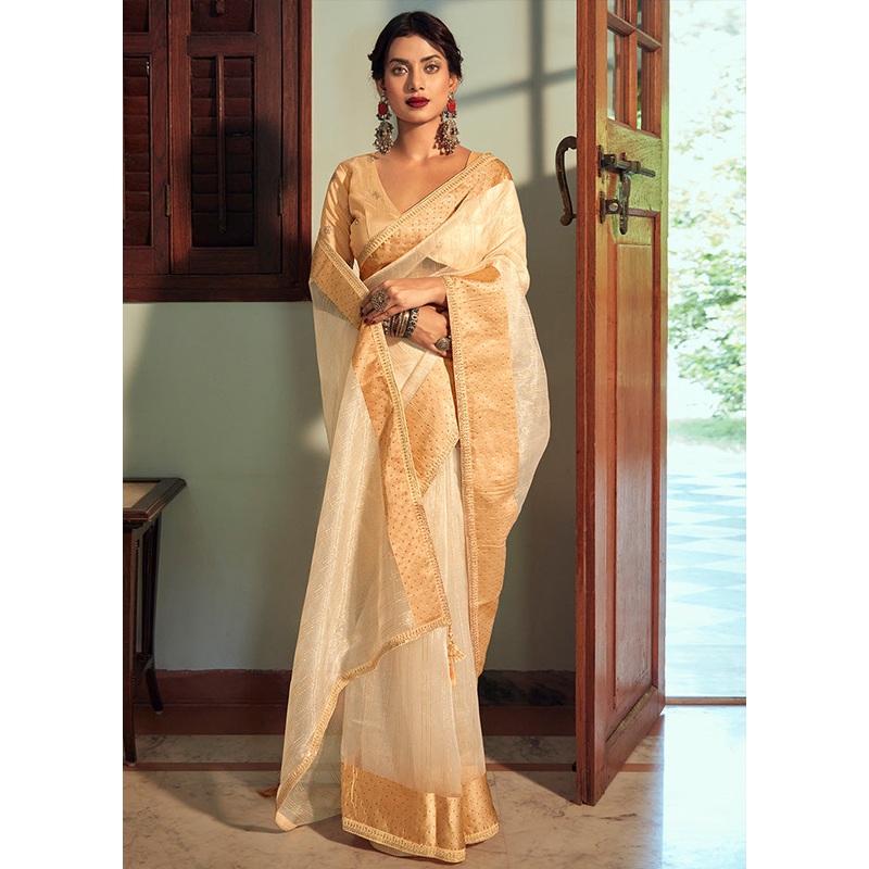 Light Yellow Organza Embroidered Saree With Blouse Piece - JD986595671