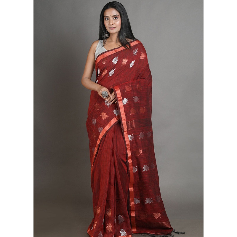 Maroon Linen Silk Saree With Blouse Piece - JD986595617
