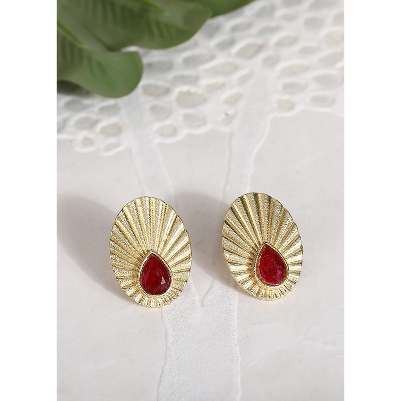 Miny Size Red Stone Matte Gold Earrings - JD986595571