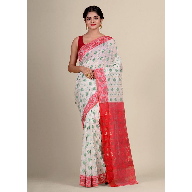 Off White Cotton Handwoven Tant Jamdani Saree Without Blouse Piece - JD986595708
