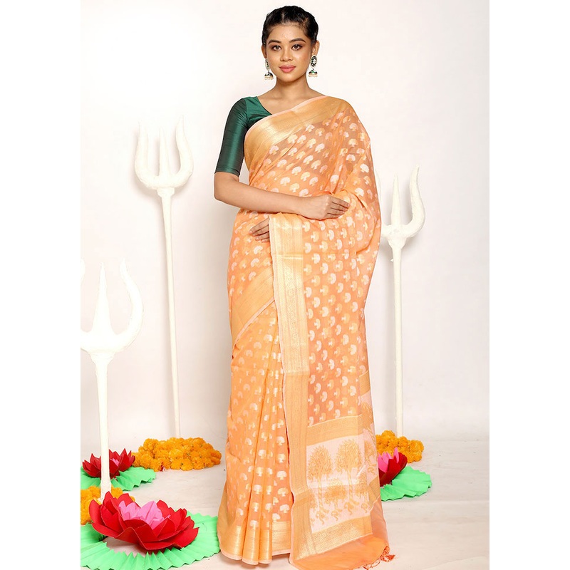 Orange Kora Silk Saree With Blouse Piece - JD986595603