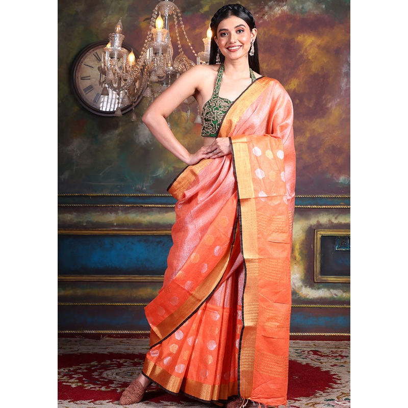 Orange Linen Linen Silk Saree With Blouse Piece - JD986595607