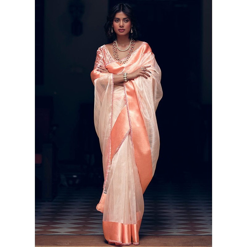 Peach Organza Zari Woven Saree With Blouse Piece - JD986595666