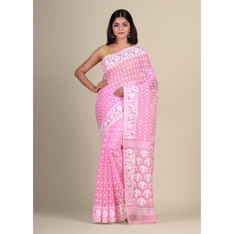 Pink Cotton Handwoven Tant Jamdani Saree Without Blouse Piece - JD986595712