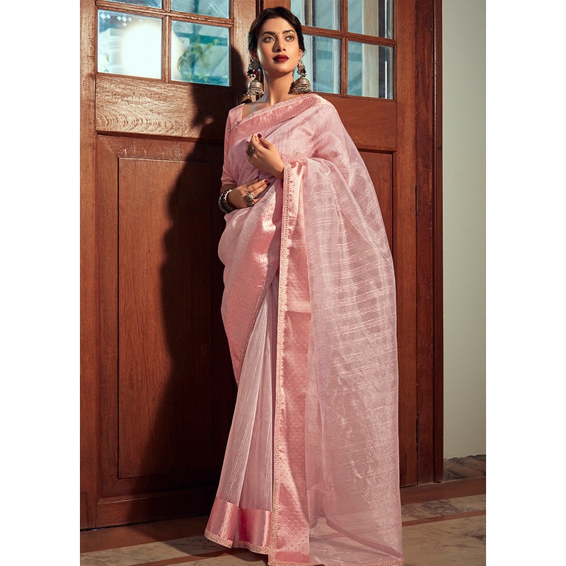 Pink Organza Embroidered Saree With Blouse Piece - JD986595673