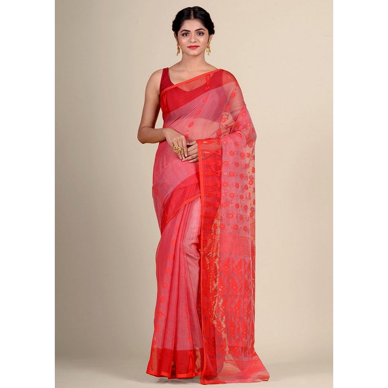 Red Cotton Handwoven Tant Jamdani Saree - JD986595707
