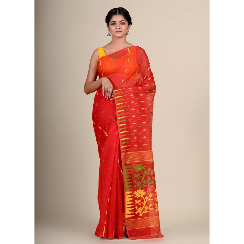 Red Cotton Handwoven Tant Jamdani Saree Without Blouse Piece - JD986595703