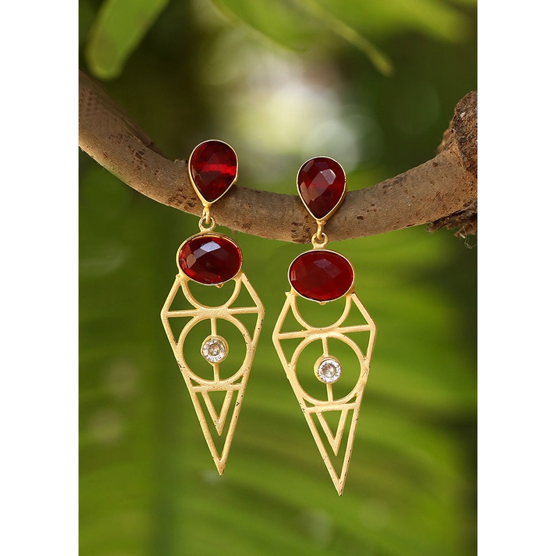 Red Stone Matte Gold Earrings - JD986595568