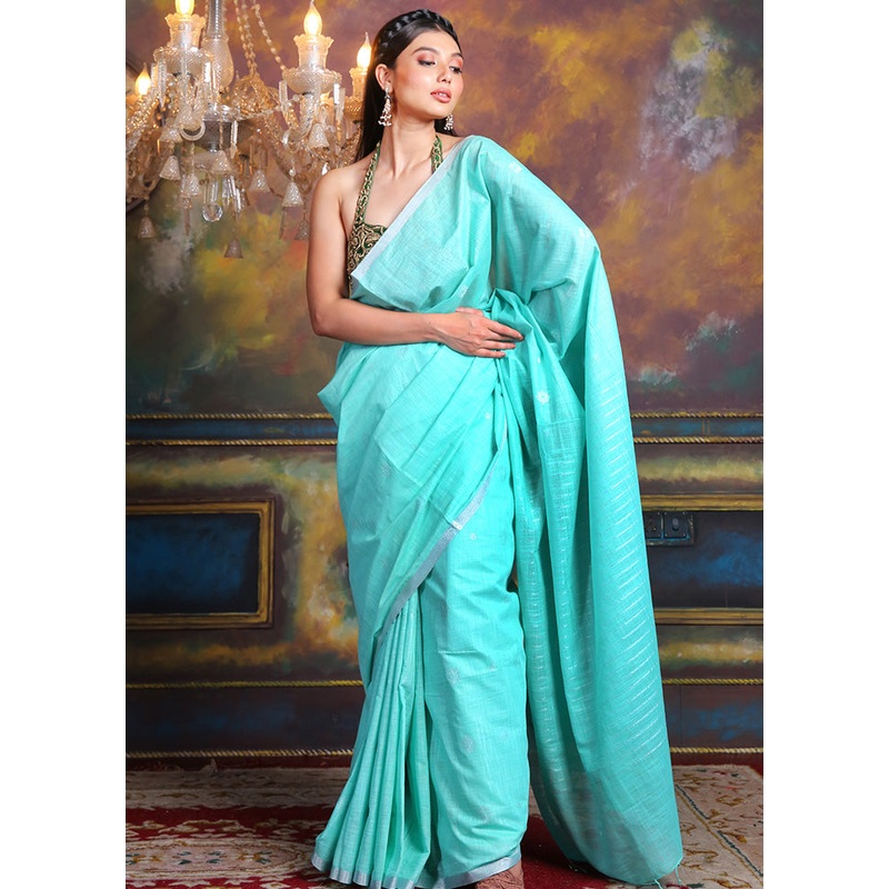 Sea Green Spun Silk Saree With Blouse Piece - JD986595611