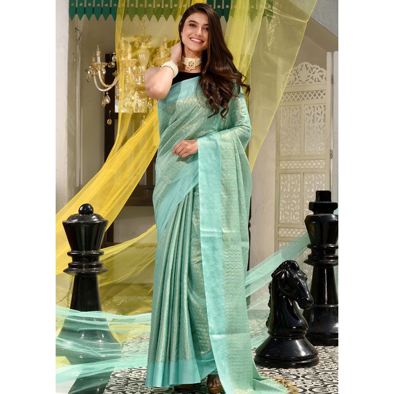 Sky Blue Kora Silk Textured Saree With Blouse - JD986595600