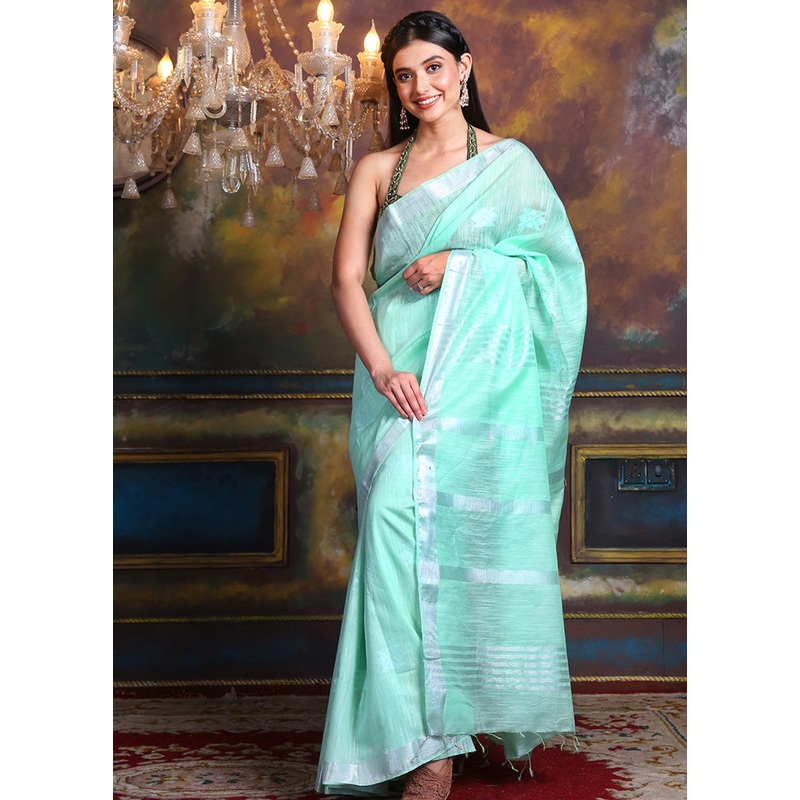 Sky Blue Linen Silk Saree With Blouse Piece - JD986595610