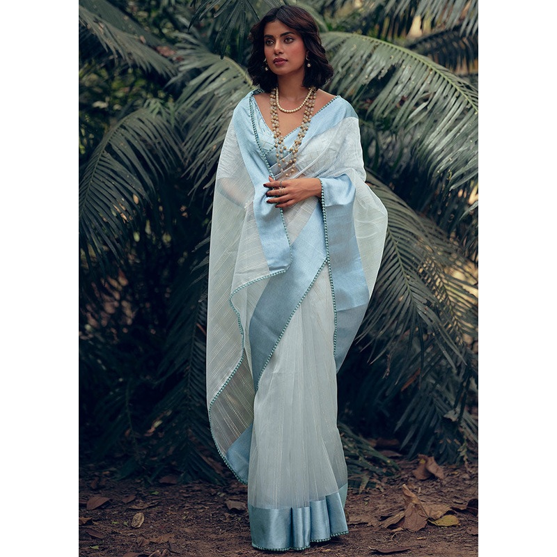 Sky Blue Organza Zari Woven Saree With Blouse Piece - JD986595665