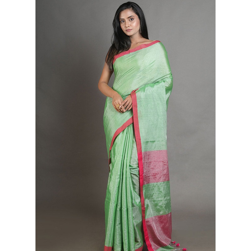 Tea Green Linen Silk Saree With Blouse Piece - JD986595613
