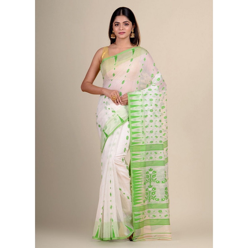 White Cotton Handwoven Tant Jamdani Saree - JD986595702